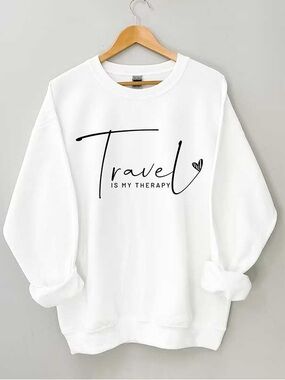 Gildan White Sweatshirt with Black "Travel is My Therapy" Script Size Small
